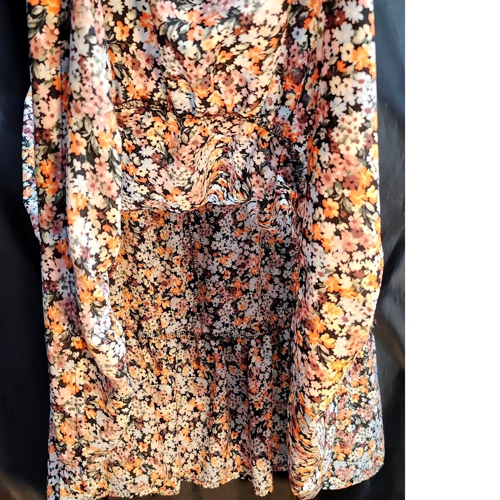 Daytrip Womens Floral V-Neck Mini Dress Orange Pink Blue Ruffle Hem Size Large - Picture 5 of 5